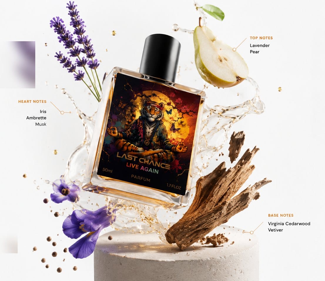 Olfactory DNA — lavender, pear, iris, ambrette musk, cedarwood and vetiver around the LIVE AGAIN bottle